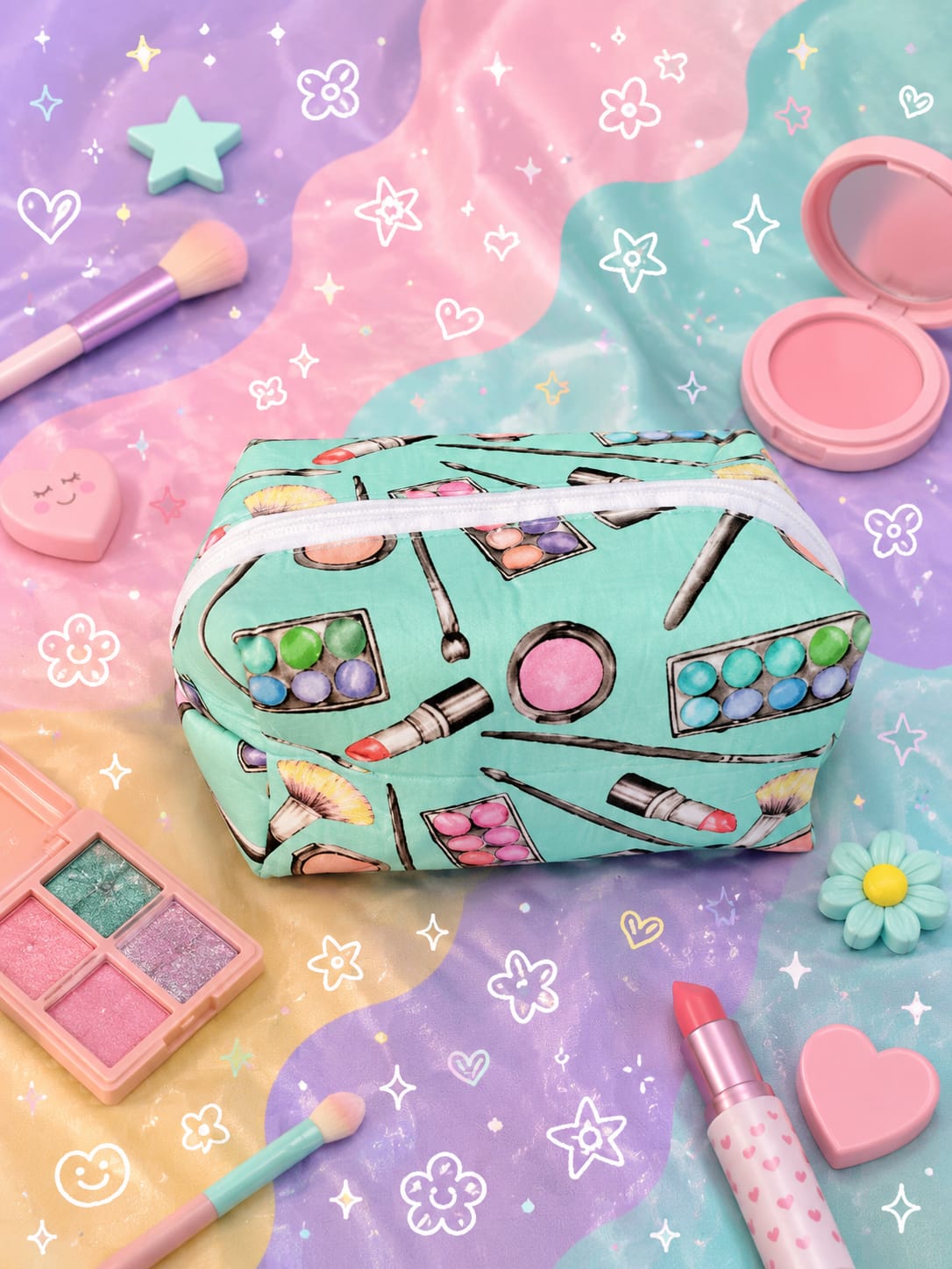 Bolsa de maquilhagem artesanal padrão beauty verde água