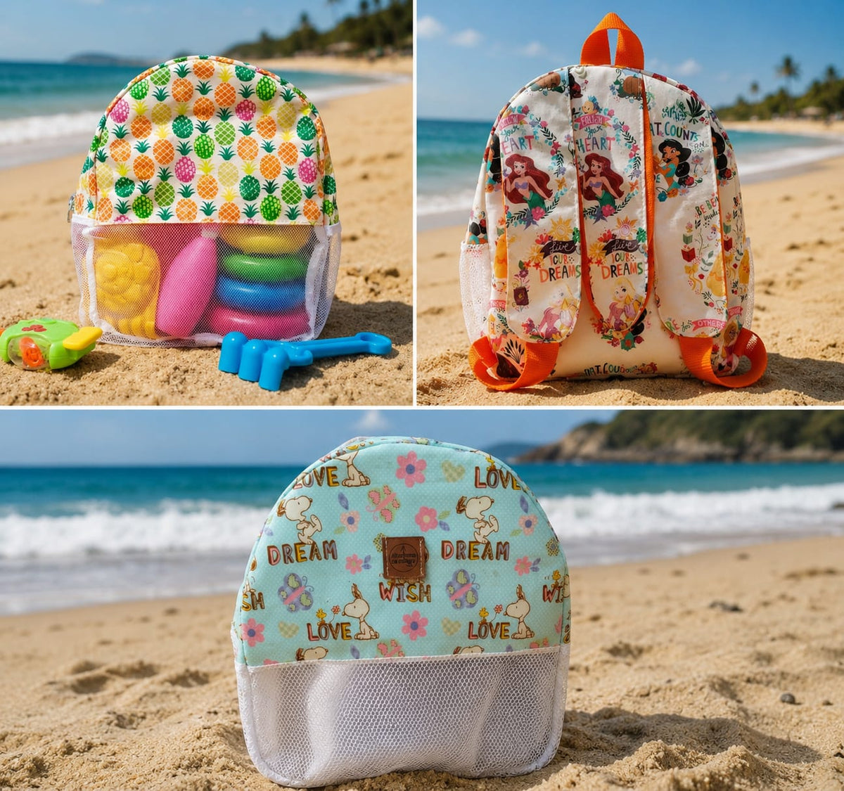 Várias mochilas de praia artesanais com diferentes padrões na praia